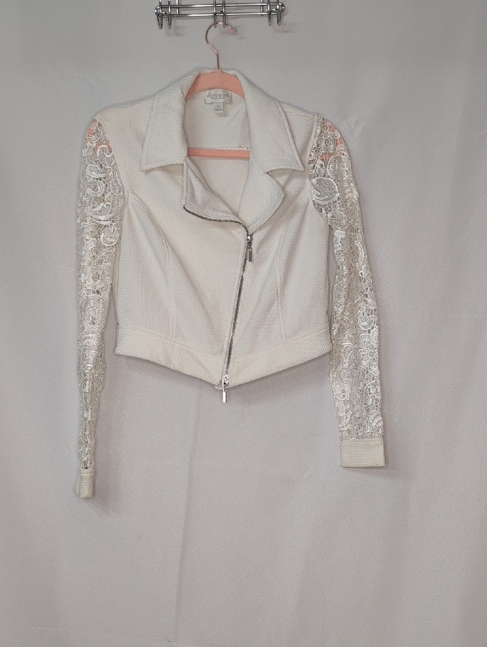 Bisou Bisou Ivory Lace-Sleeve Cropped Moto Jacket